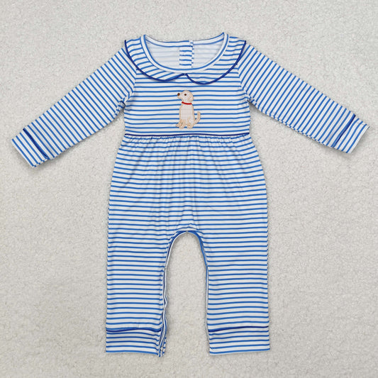 LR1447 Baby Infant Boys Blue Stripes Dog Long Sleeve Romper