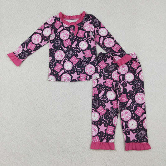 GLP2771 Baby Girls Hot Pink Button Happy New Year Top Pant Pajamas Set C10.16