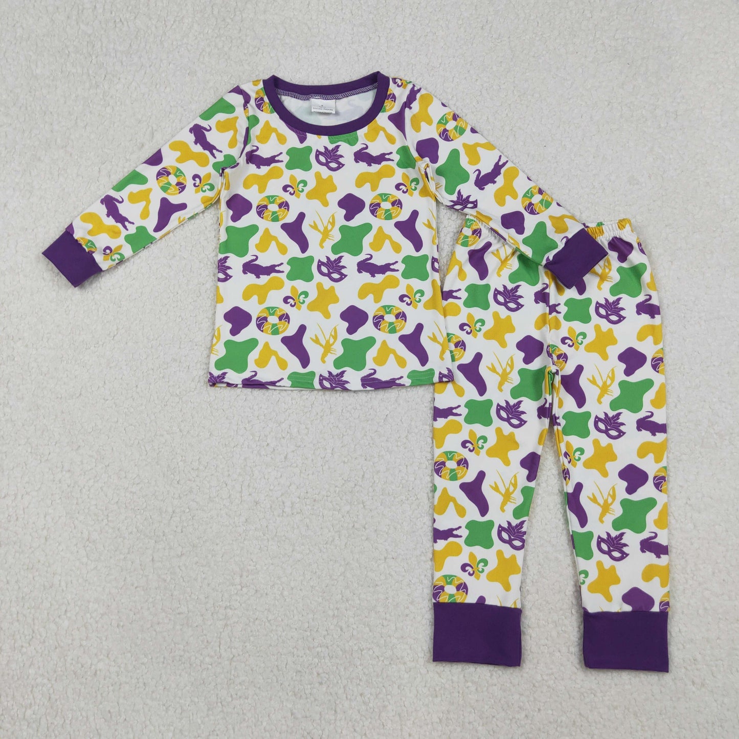 BLP1273 Baby Boys Purple Yellow Green Camo Crayfishes Mardi Gras Pajamas Set C10.8
