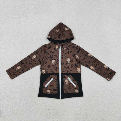 BT1337 Baby Boys Brown Bull Skulls Pocket Zipper Western Hoodies Top C11.12