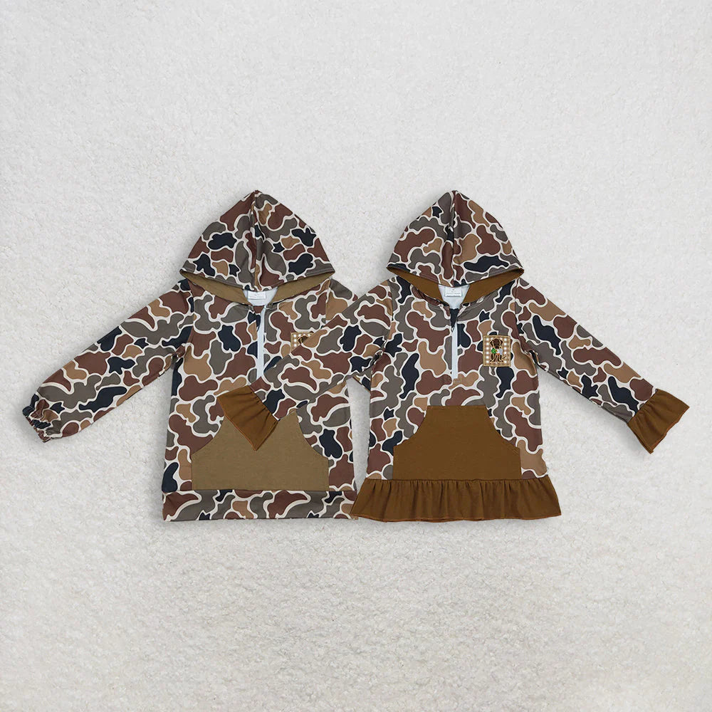 Sibling Baby Kids Brown Camo Embroidery Dog Duck Pocket Zip Hunting Hoodies Top C12.9