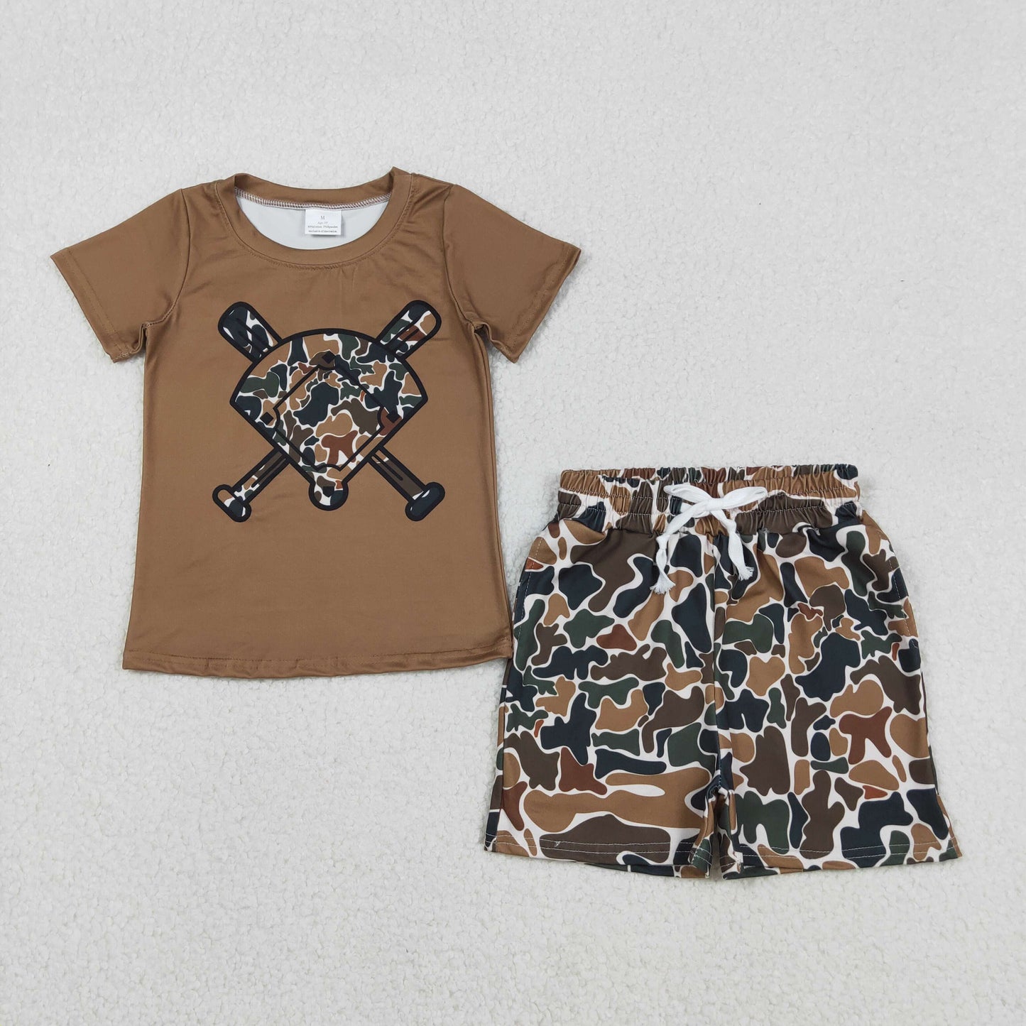 BT1420+SS0732 Baby Boys Dark Brown Camo Baseballs Top Pockets Shorts Team Clothes Set C11.26