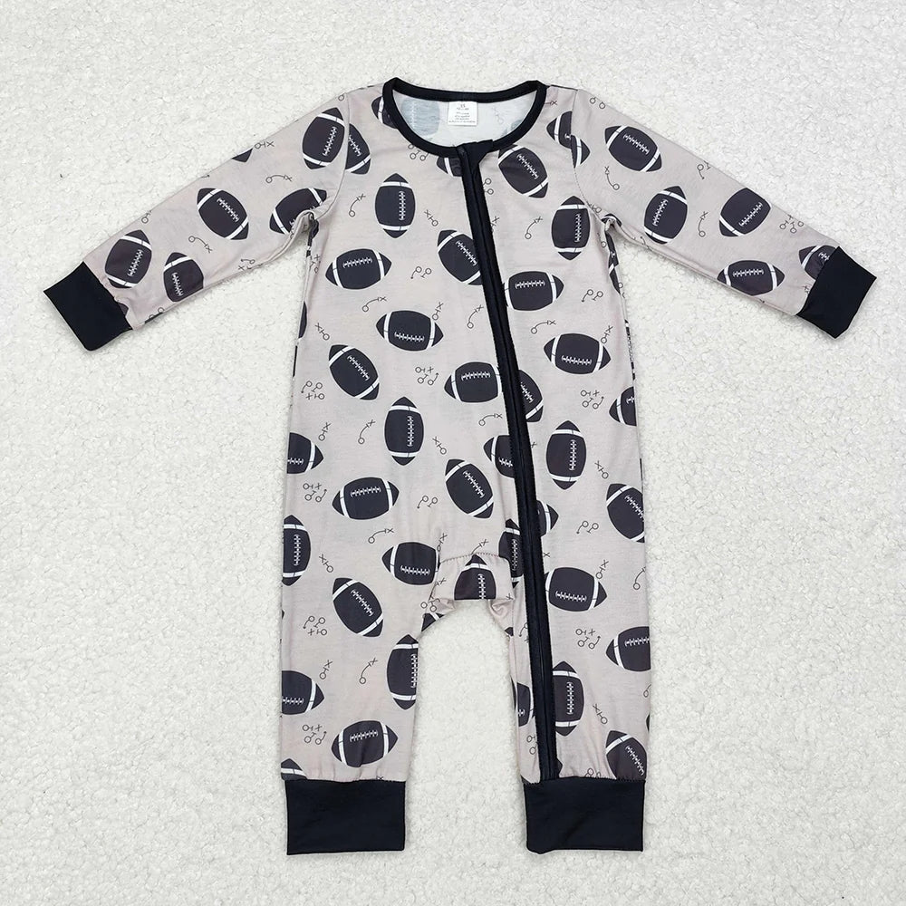 Sibling Baby Infant Boys Girls Fall Football Bamboo Zip Long Sleeve Rompers