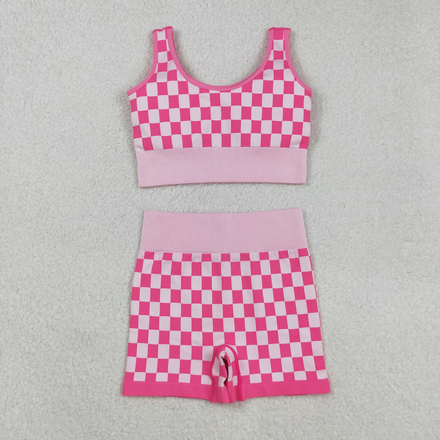 GT1190+SS0645 Adult Women Pink Checkered Crop Bra Top Shorts Yoga Outfits Set C9.1