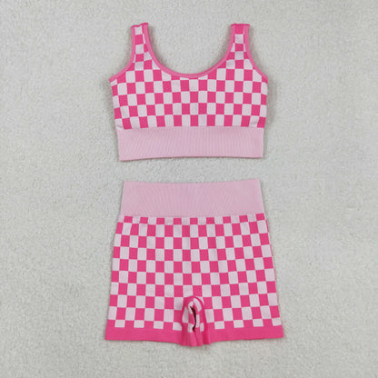 GT1190+SS0645 Adult Women Pink Checkered Crop Bra Top Shorts Yoga Outfits Set C9.1