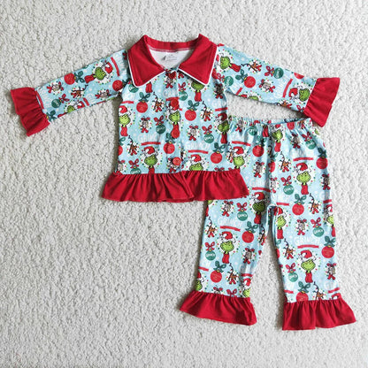 Sibling Baby Kids Green Faces Miss Button Top Pants Christmas Pajamas Sets C9.30