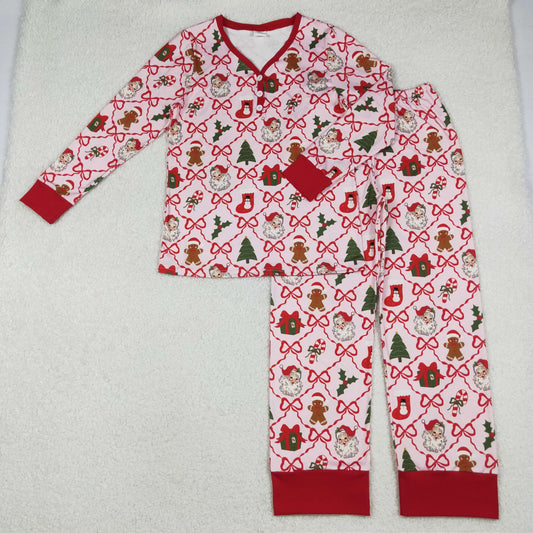 GLP2815 Adult Women Red Bows Santa Gifts Plaid Top Pant Christmas Pajamas Set C10.17