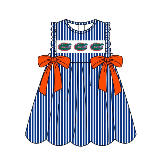 C11.28 Custom Moq 5 Baby Girls Sleeveless Blue Stripe Crocodiles Bows Team Knee Length Dresses