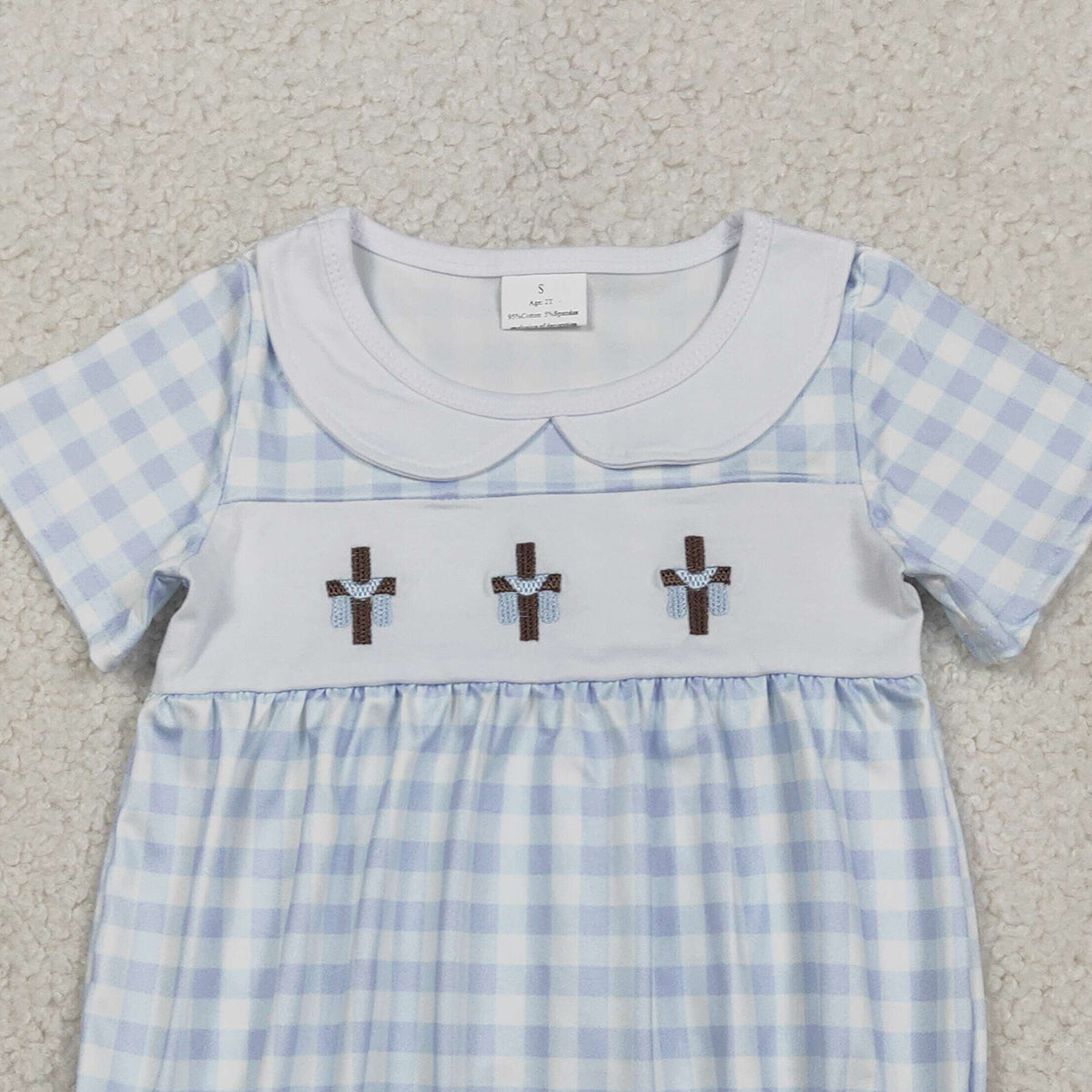 RTS SR3757 Embroidery Crosses Baby Boys Blue Checked Easter Collar Rompers