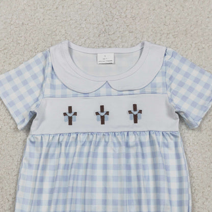 RTS SR3757 Embroidery Crosses Baby Boys Blue Checked Easter Collar Rompers