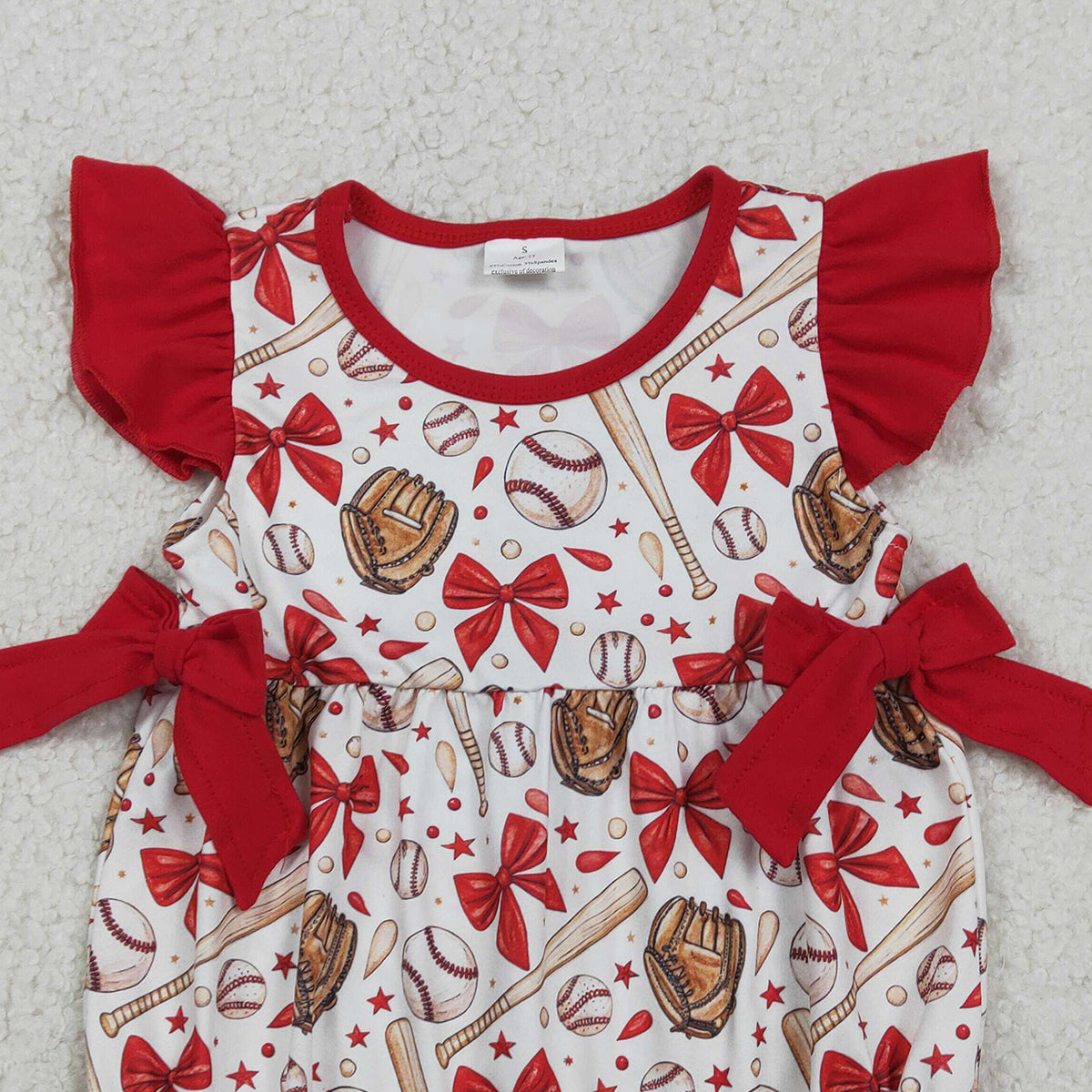 RTS SR3834 Baby Girls Flutter Sleeve Baseballs Bows Team Ruffle Rompers