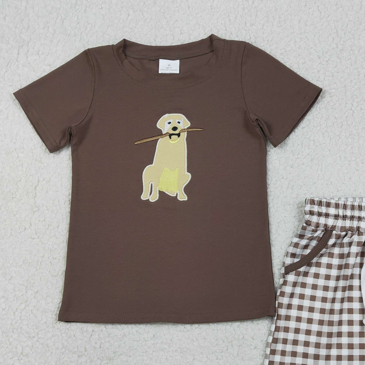 RTS BSSO1637 Embroidery Dogs Baby Boys Brown Top Checked Pockets Shorts Hunting Clothes Sets