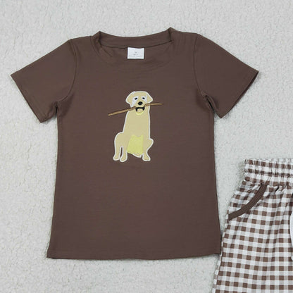 RTS BSSO1637 Embroidery Dogs Baby Boys Brown Top Checked Pockets Shorts Hunting Clothes Sets