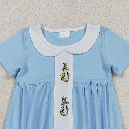 RTS SR3383 Embroidery Rabbits Baby Girls Short Sleeve Easter Collar Rompers