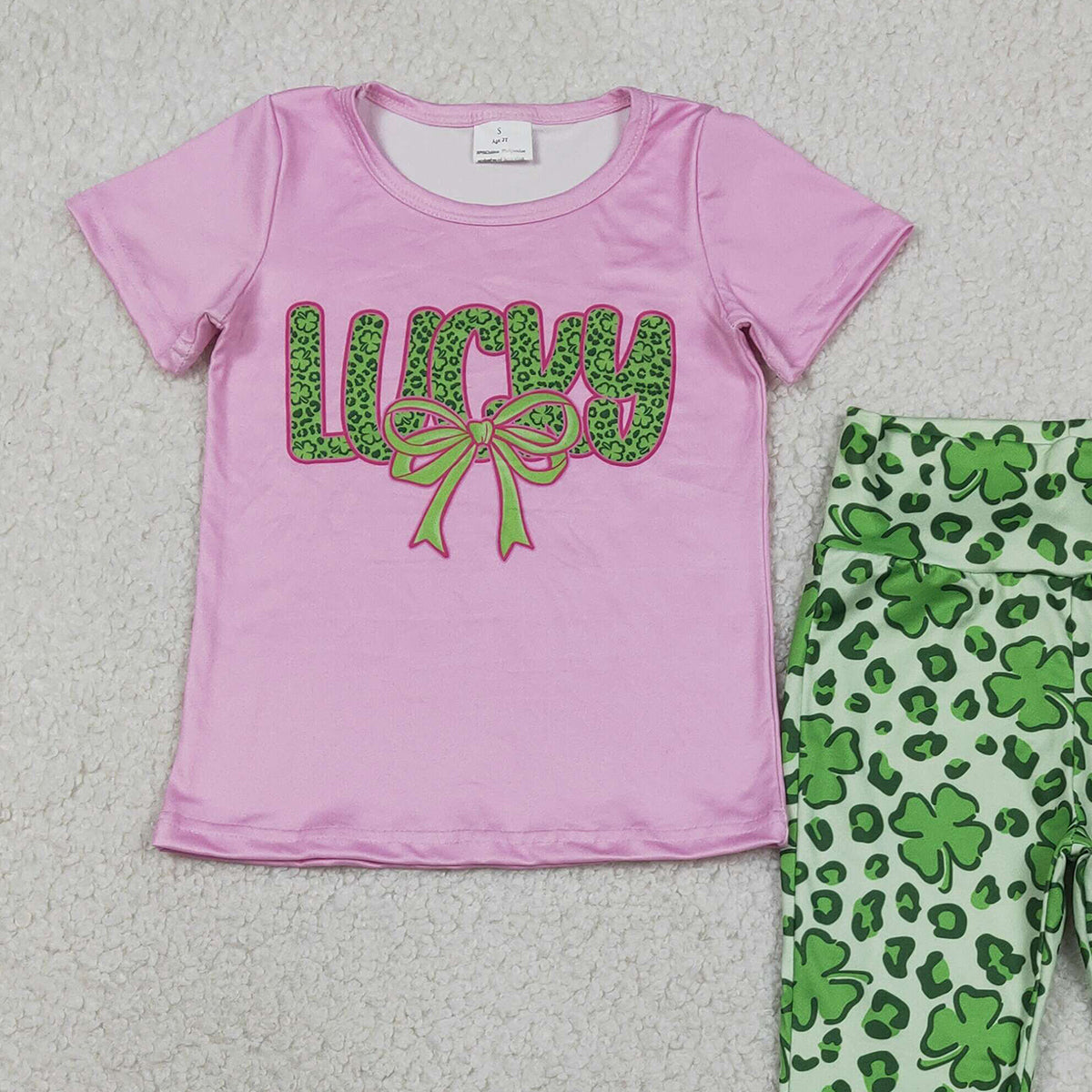 RTS GSPO2104 Kids Summer Top With Long Pants Baby Girls Clover Bow Lucky Top Bell Bottom Pants St Patrick Clothes Sets