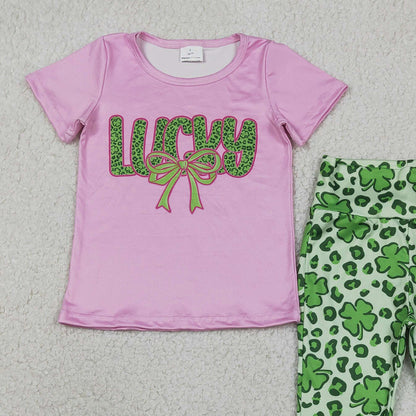RTS GSPO2104 Kids Summer Top With Long Pants Baby Girls Clover Bow Lucky Top Bell Bottom Pants St Patrick Clothes Sets