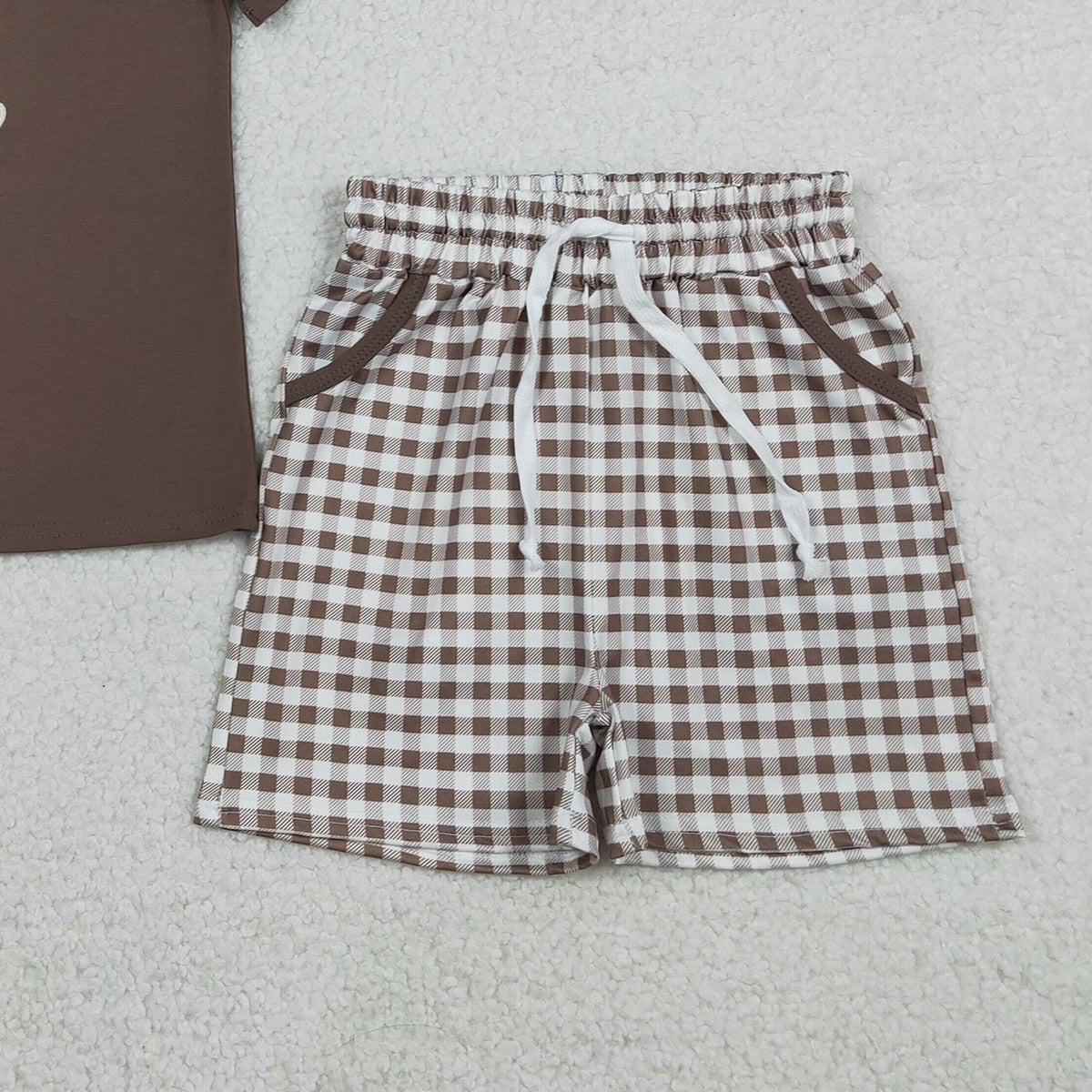 RTS BSSO1637 Embroidery Dogs Baby Boys Brown Top Checked Pockets Shorts Hunting Clothes Sets