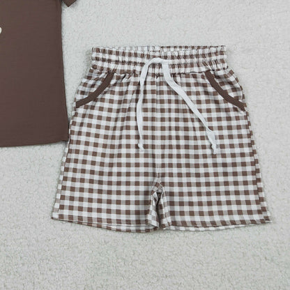 RTS BSSO1637 Embroidery Dogs Baby Boys Brown Top Checked Pockets Shorts Hunting Clothes Sets