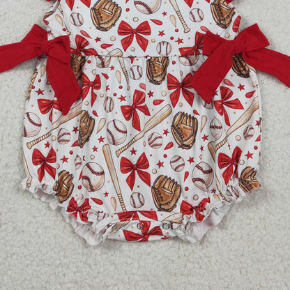 RTS SR3834 Baby Girls Flutter Sleeve Baseballs Bows Team Ruffle Rompers
