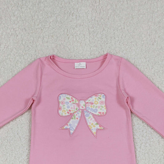 RTS GT1537 Embroidery Baby Girls Pink Flowers Bows Long Sleeve T-shirts Top