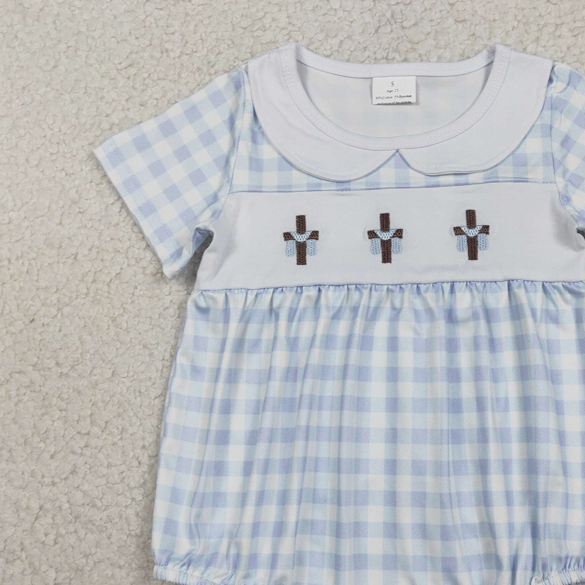 RTS SR3757 Embroidery Crosses Baby Boys Blue Checked Easter Collar Rompers