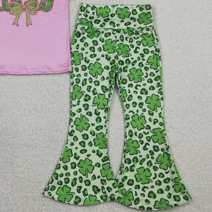 RTS GSPO2104 Kids Summer Top With Long Pants Baby Girls Clover Bow Lucky Top Bell Bottom Pants St Patrick Clothes Sets