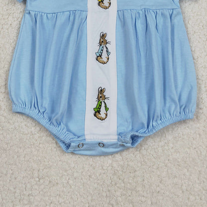 RTS SR3383 Embroidery Rabbits Baby Girls Short Sleeve Easter Collar Rompers