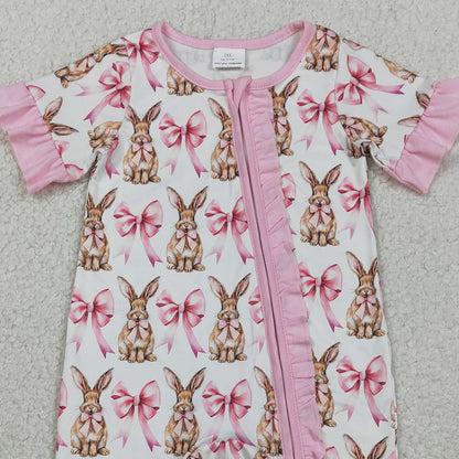RTS SR2020 Baby Girls Short Sleeve Bows Rabbits Easter Ruffle Zipper Rompers