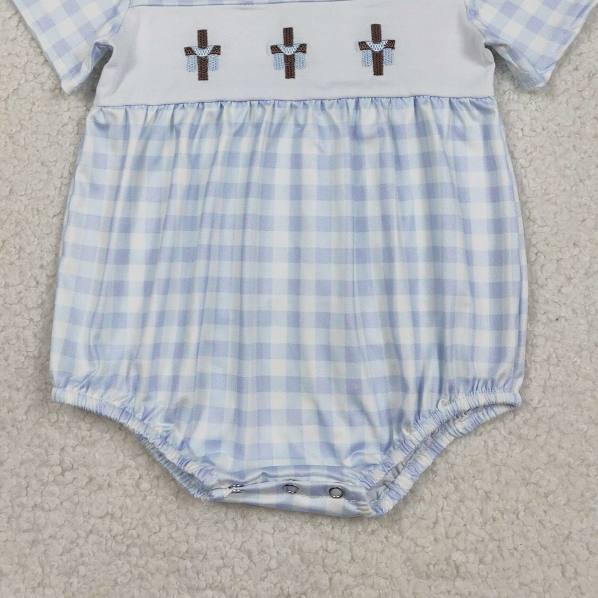 RTS SR3757 Embroidery Crosses Baby Boys Blue Checked Easter Collar Rompers