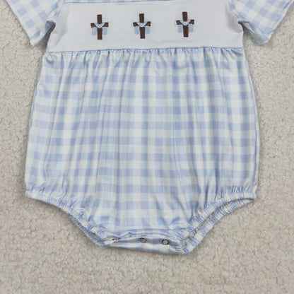 RTS SR3757 Embroidery Crosses Baby Boys Blue Checked Easter Collar Rompers