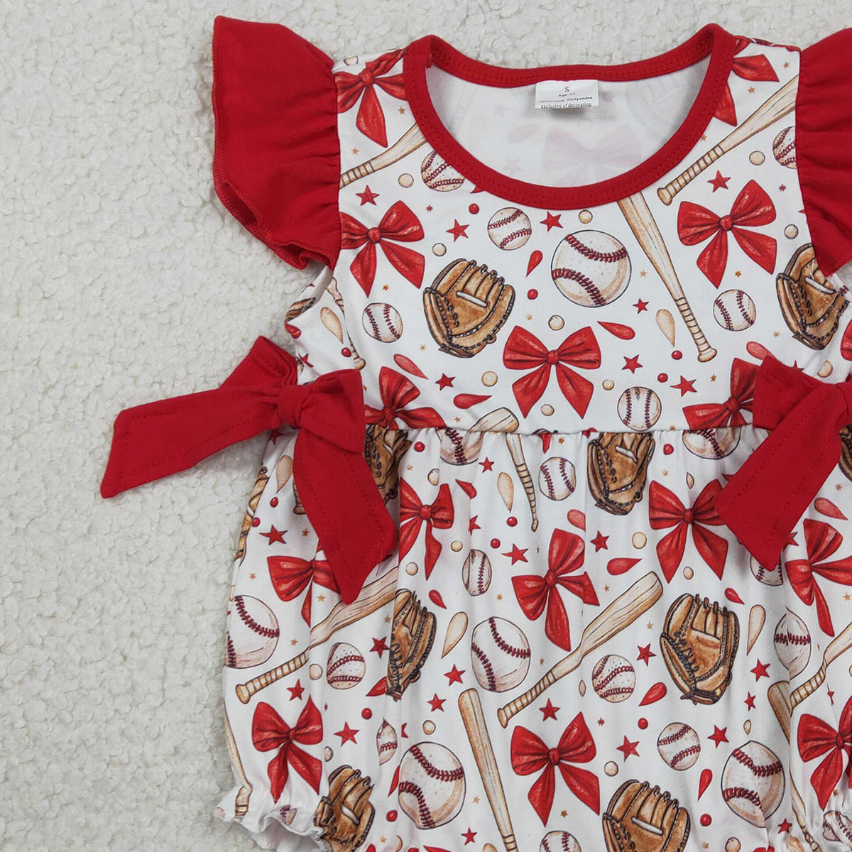 RTS SR3834 Baby Girls Flutter Sleeve Baseballs Bows Team Ruffle Rompers