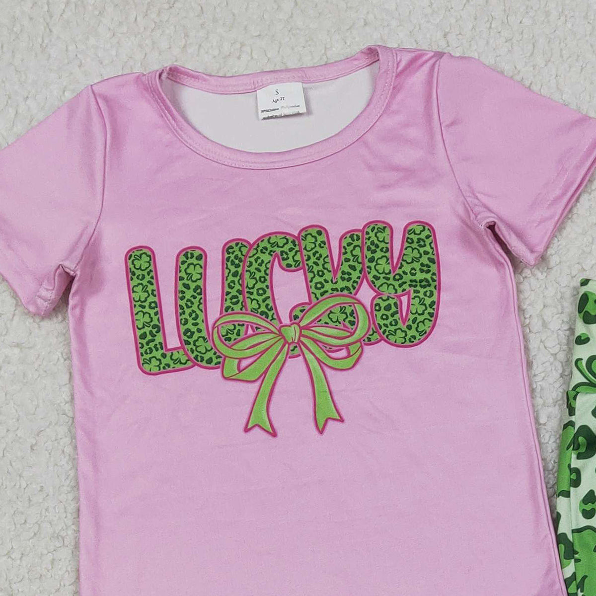 RTS GSPO2104 Kids Summer Top With Long Pants Baby Girls Clover Bow Lucky Top Bell Bottom Pants St Patrick Clothes Sets