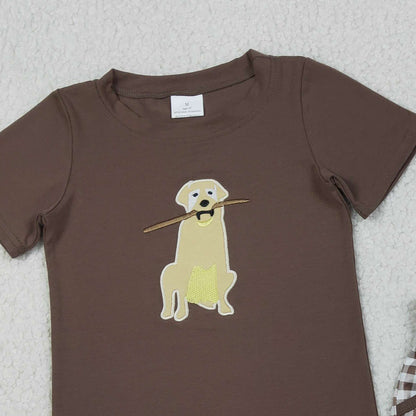 RTS BSSO1637 Embroidery Dogs Baby Boys Brown Top Checked Pockets Shorts Hunting Clothes Sets