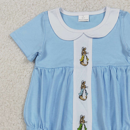 RTS SR3383 Embroidery Rabbits Baby Girls Short Sleeve Easter Collar Rompers
