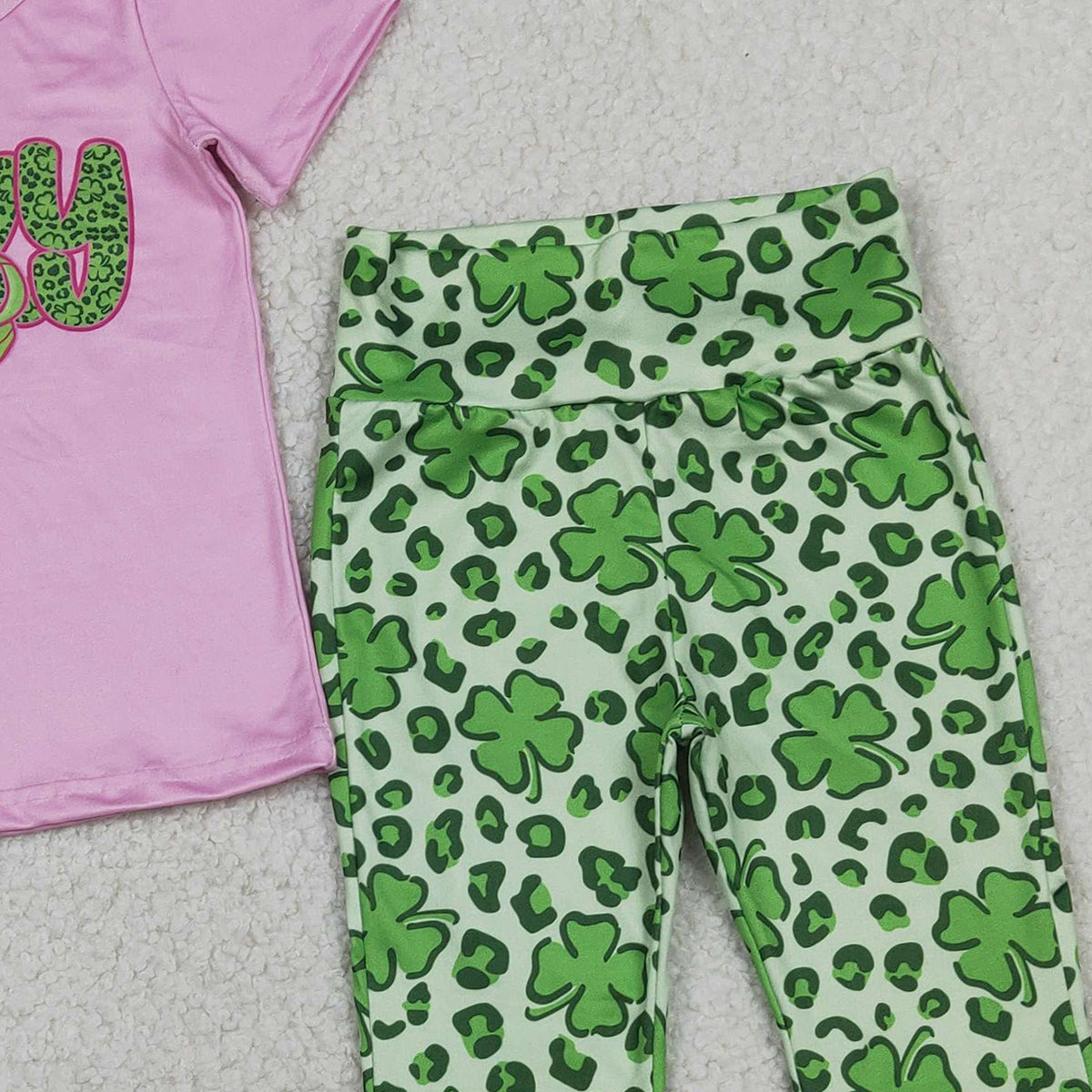 RTS GSPO2104 Kids Summer Top With Long Pants Baby Girls Clover Bow Lucky Top Bell Bottom Pants St Patrick Clothes Sets