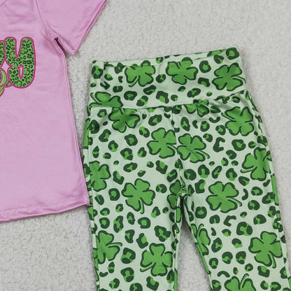 RTS GSPO2104 Kids Summer Top With Long Pants Baby Girls Clover Bow Lucky Top Bell Bottom Pants St Patrick Clothes Sets