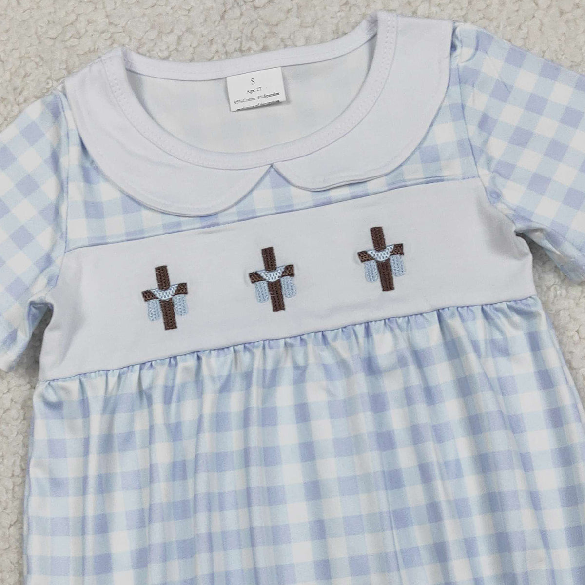 RTS SR3757 Embroidery Crosses Baby Boys Blue Checked Easter Collar Rompers