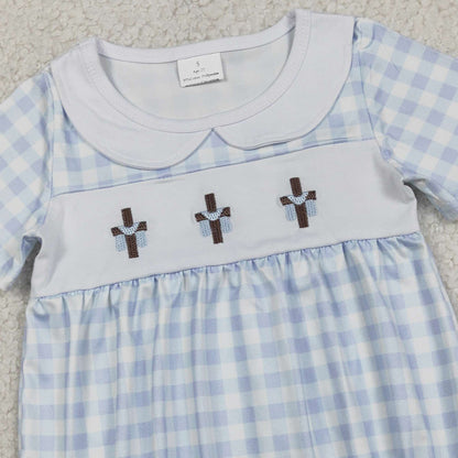 RTS SR3757 Embroidery Crosses Baby Boys Blue Checked Easter Collar Rompers