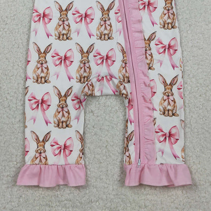 RTS SR2020 Baby Girls Short Sleeve Bows Rabbits Easter Ruffle Zipper Rompers