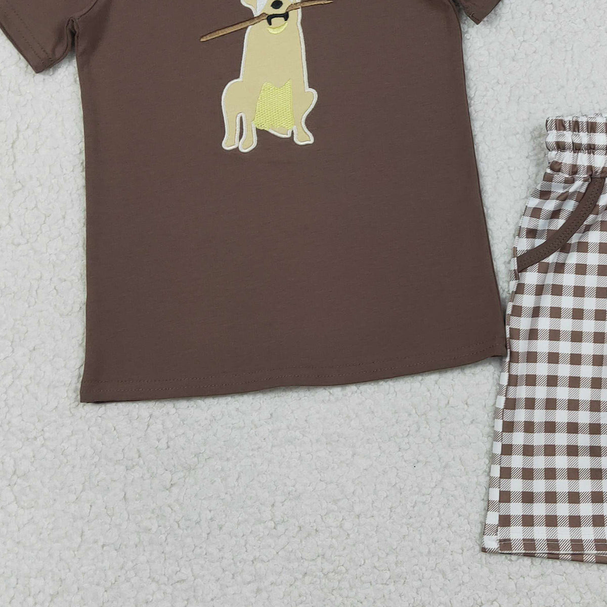RTS BSSO1637 Embroidery Dogs Baby Boys Brown Top Checked Pockets Shorts Hunting Clothes Sets