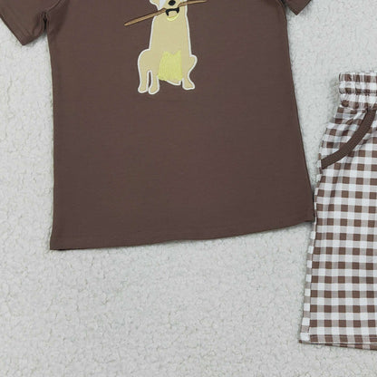 RTS BSSO1637 Embroidery Dogs Baby Boys Brown Top Checked Pockets Shorts Hunting Clothes Sets