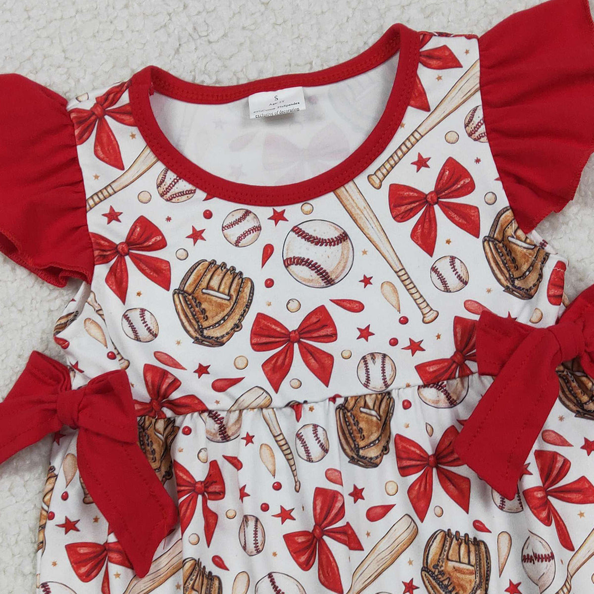 RTS SR3834 Baby Girls Flutter Sleeve Baseballs Bows Team Ruffle Rompers