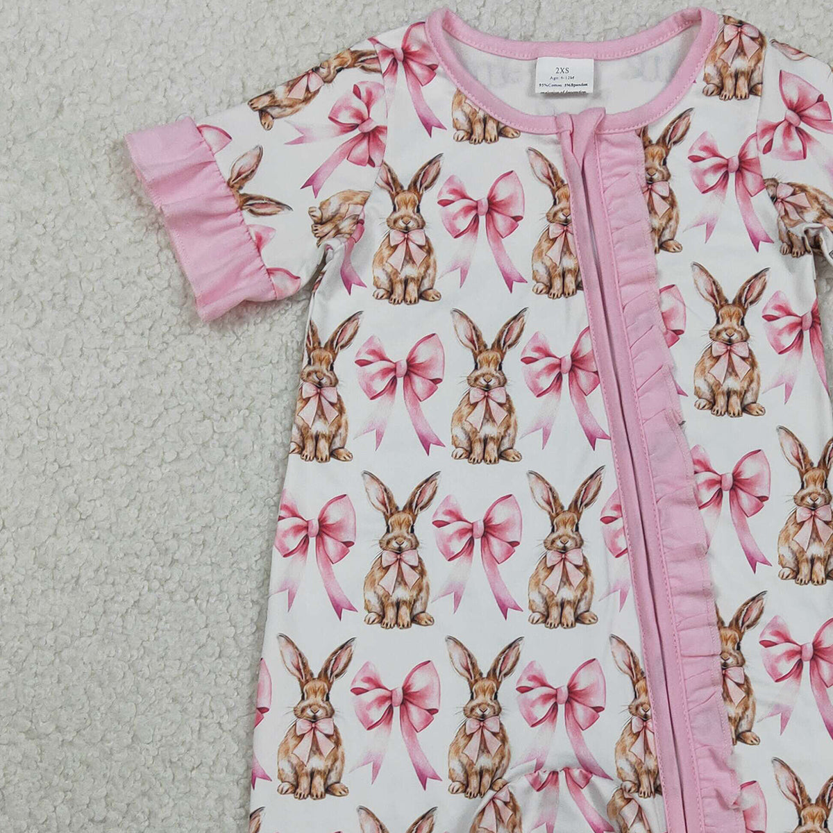 RTS SR2020 Baby Girls Short Sleeve Bows Rabbits Easter Ruffle Zipper Rompers