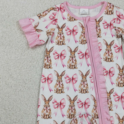 RTS SR2020 Baby Girls Short Sleeve Bows Rabbits Easter Ruffle Zipper Rompers