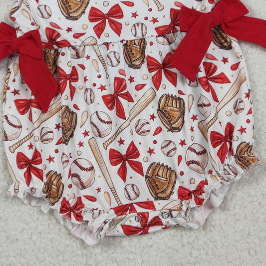 RTS SR3834 Baby Girls Flutter Sleeve Baseballs Bows Team Ruffle Rompers