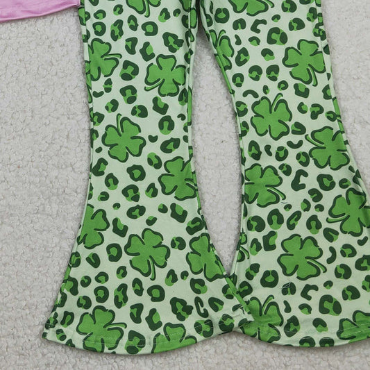 RTS GSPO2104 Kids Summer Top With Long Pants Baby Girls Clover Bow Lucky Top Bell Bottom Pants St Patrick Clothes Sets