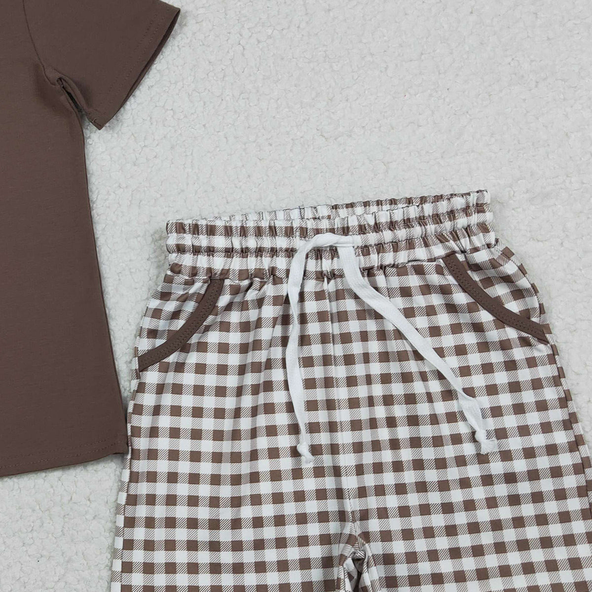 RTS BSSO1637 Embroidery Dogs Baby Boys Brown Top Checked Pockets Shorts Hunting Clothes Sets