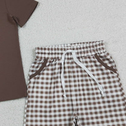 RTS BSSO1637 Embroidery Dogs Baby Boys Brown Top Checked Pockets Shorts Hunting Clothes Sets