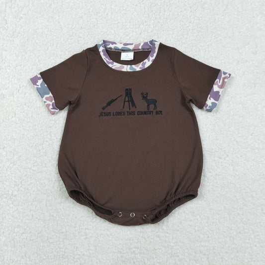 SR3280 Embroidery Jesus Love Me Deer Baby Boys Hunting Romper C11.11