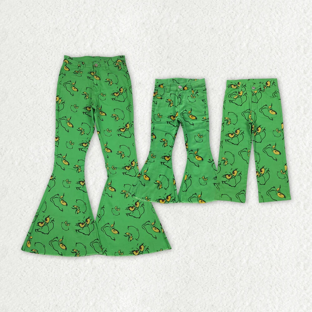 Family Sibling Christmas Green Frog Face Denim Bell Pants